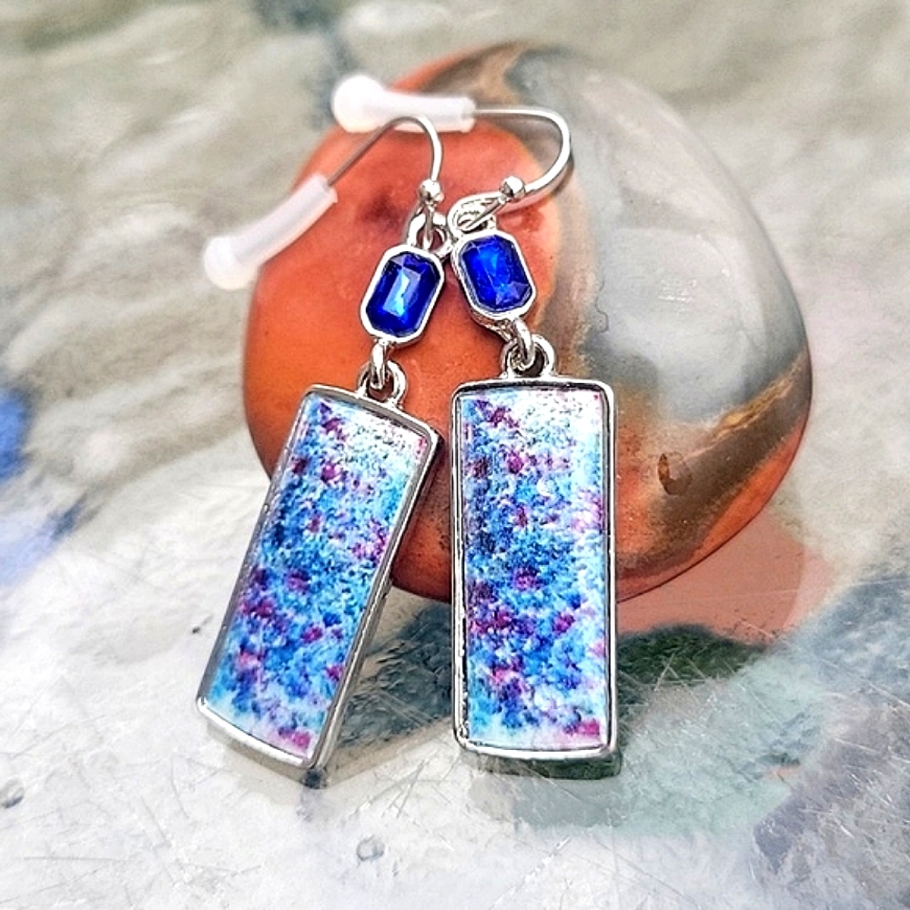 Silver tone and Faux Sapphire Rectangle Dangle Earrings NEW!